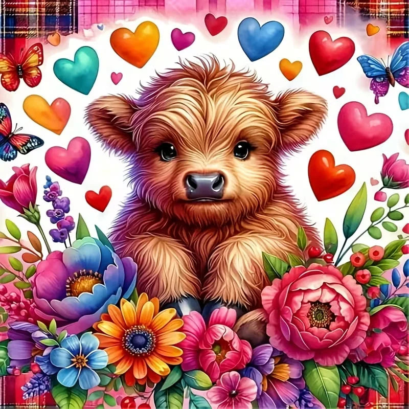 A fluffy golden puppy surrounded by colorful flowers and hearts for a diamond painting kit.