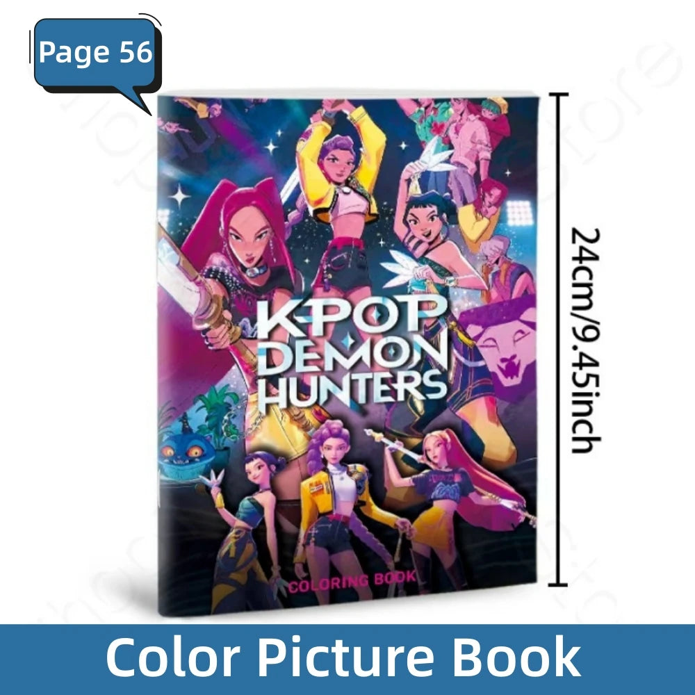 A box of a Kpop Demon Hunters colored picture book featuring three anime girls in dynamic poses.