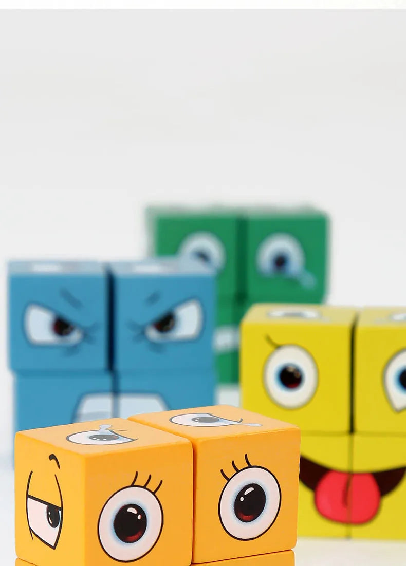 A close-up of wooden face-changing puzzle cubes in various colors like blue, green, and yellow.