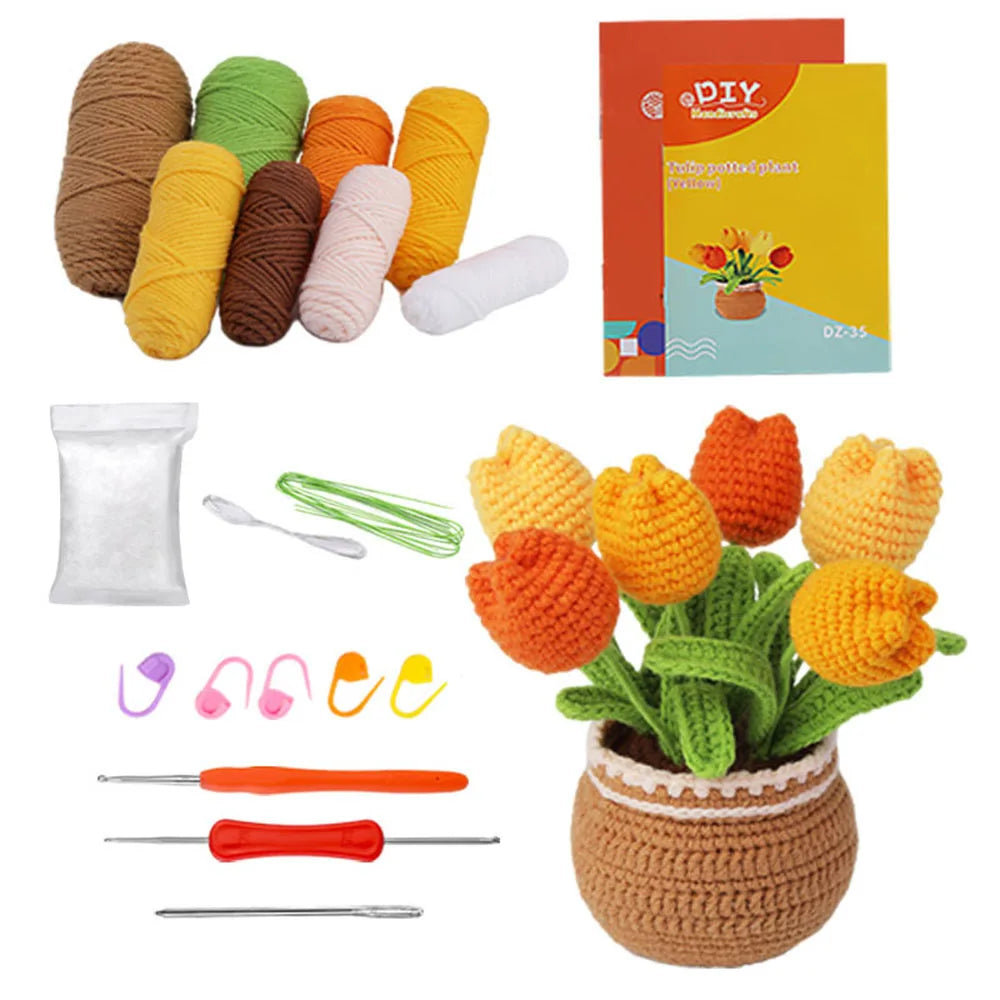 A DIY potted plant crochet kit featuring colorful yarn balls, tools, and a finished crocheted plant in a pot.