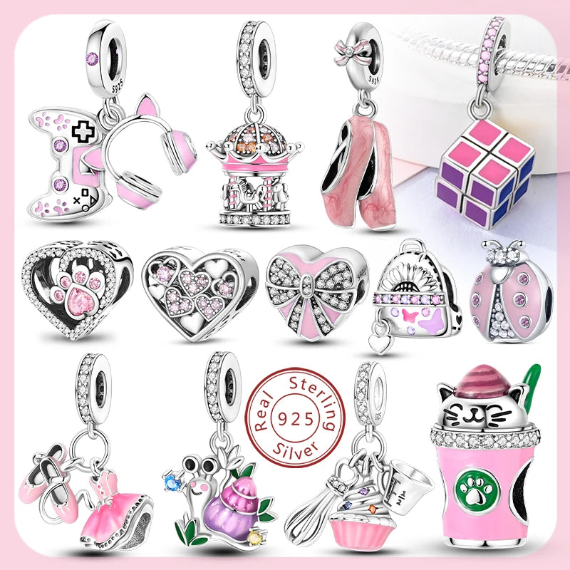 A collection of 925 sterling silver heart charm beads and animal charms in pink and silver tones.