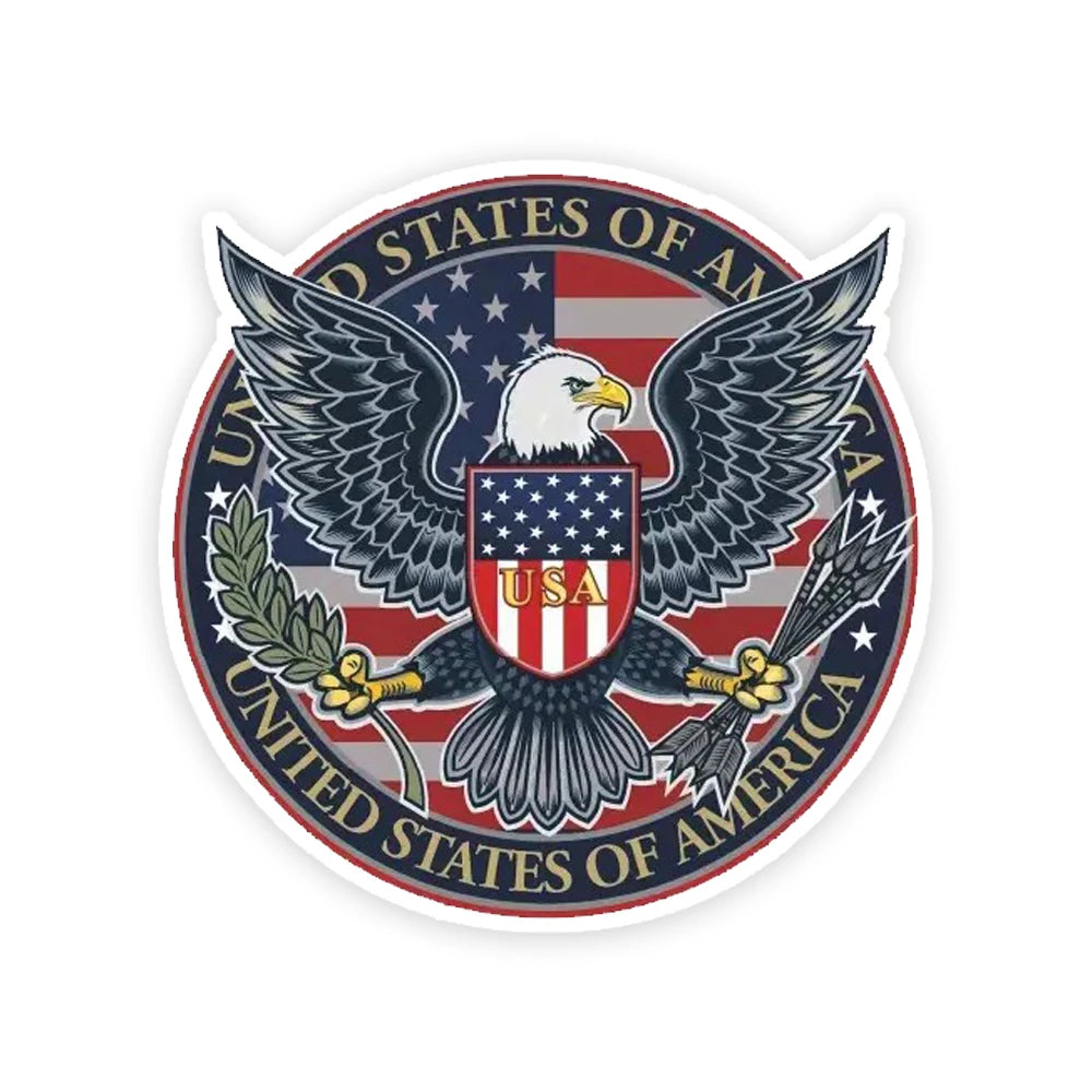 A patriotic American eagle emblem featuring the bald eagle, shield with stars and stripes, and the text United States of Amer