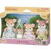 A boxed set of Sylvanian Families featuring three deer figures in pink and white clothing.