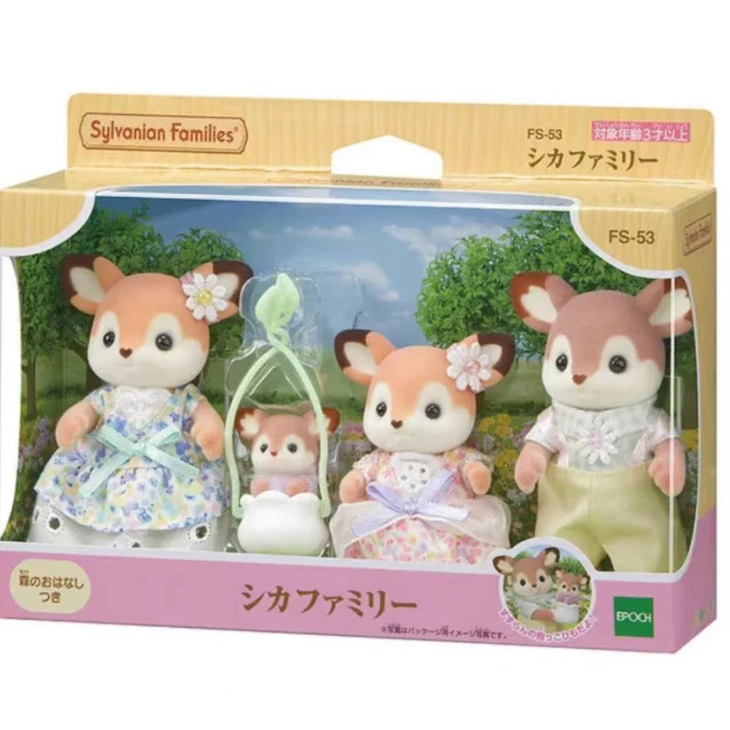 A boxed set of Sylvanian Families featuring three deer figures in pink and white clothing.