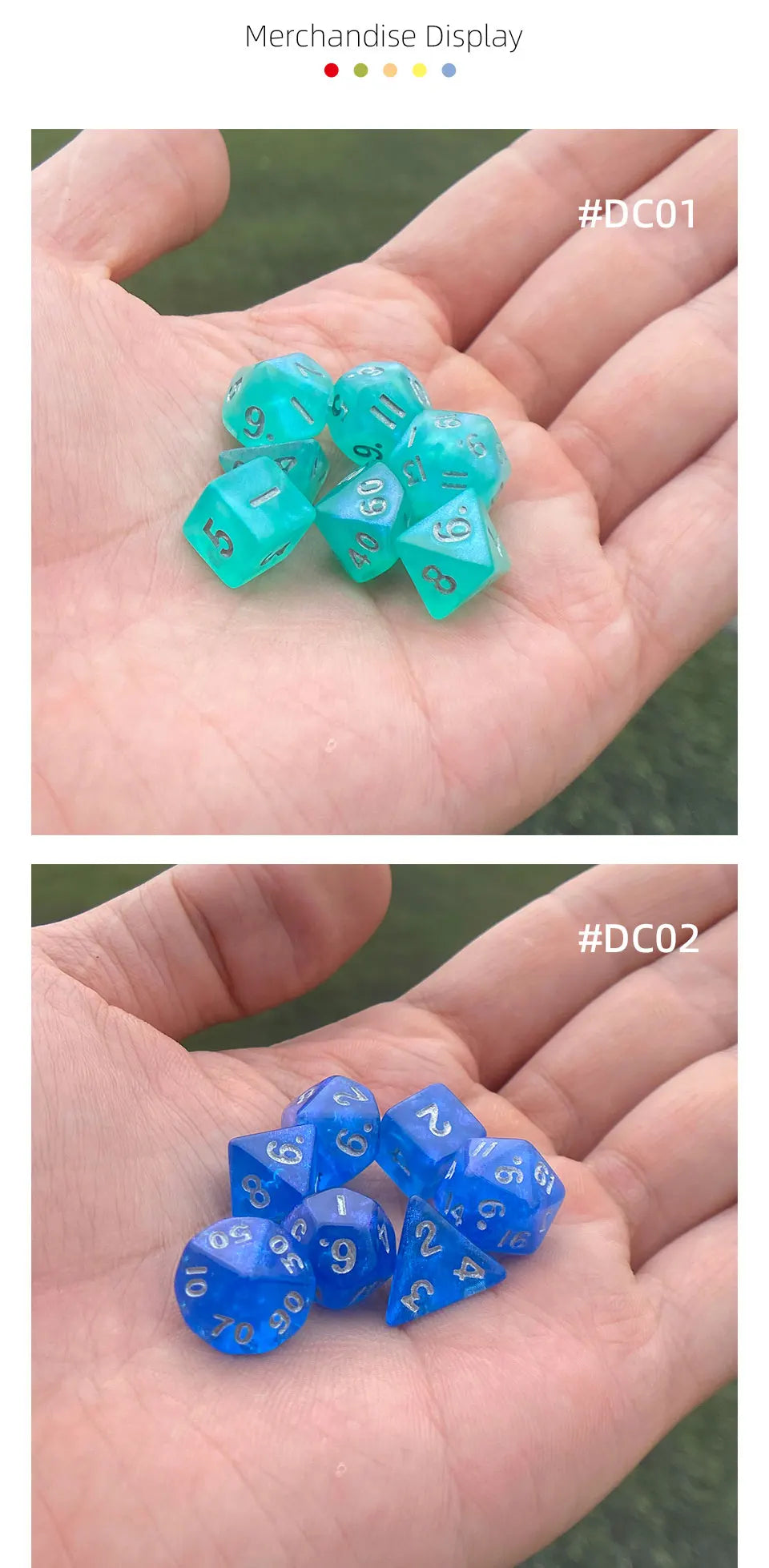 A hand holds a set of seven iridescent, transparent acrylic polyhedral dice on a green background.