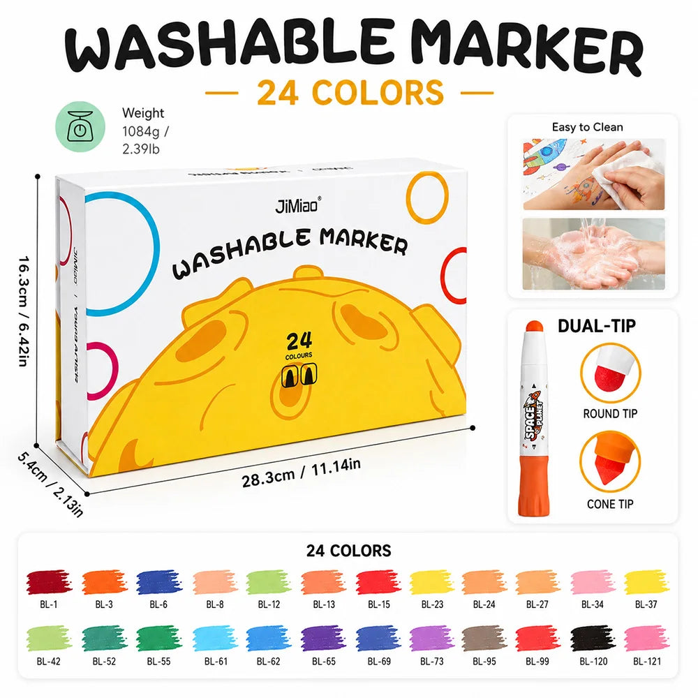 A box of 24 colors of washable marker pens featuring a yellow face design and dual-tip markers.