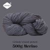 A ball of grey Merino wool yarn labeled as Lirisnly's hand-picked 300g Merino.