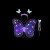 A set of glowing LED butterfly costume for girls featuring wings, a skirt, and a wand.