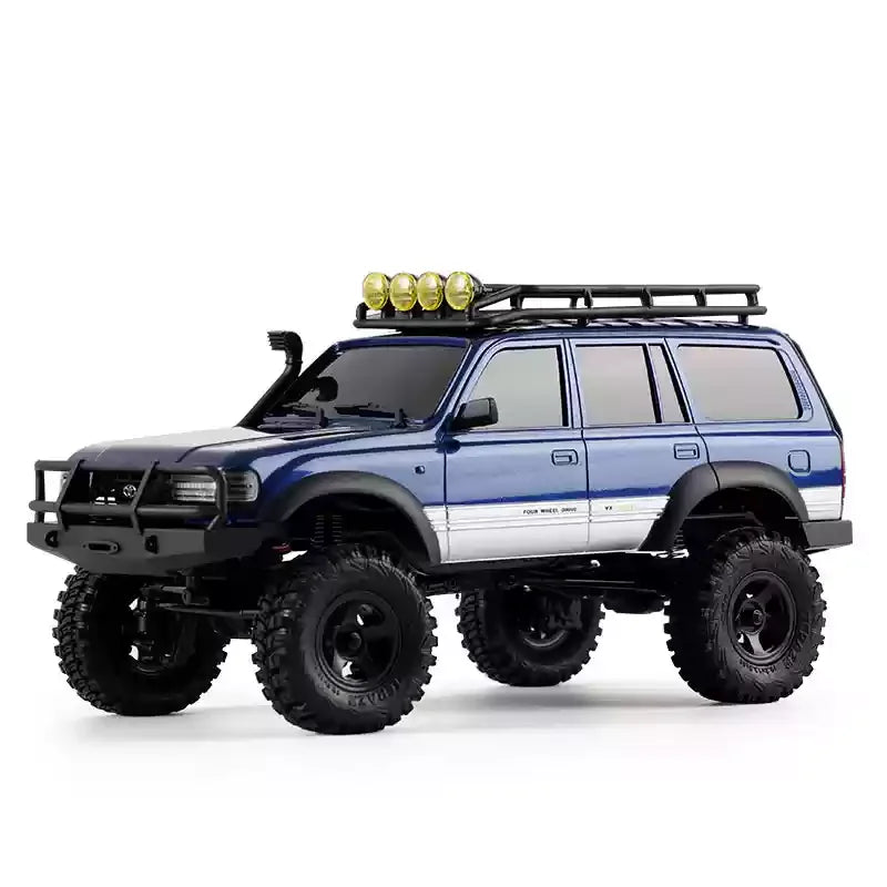 A blue 1:18 scale remote control off-road climbing SUV with a black roof rack and auxiliary lights.
