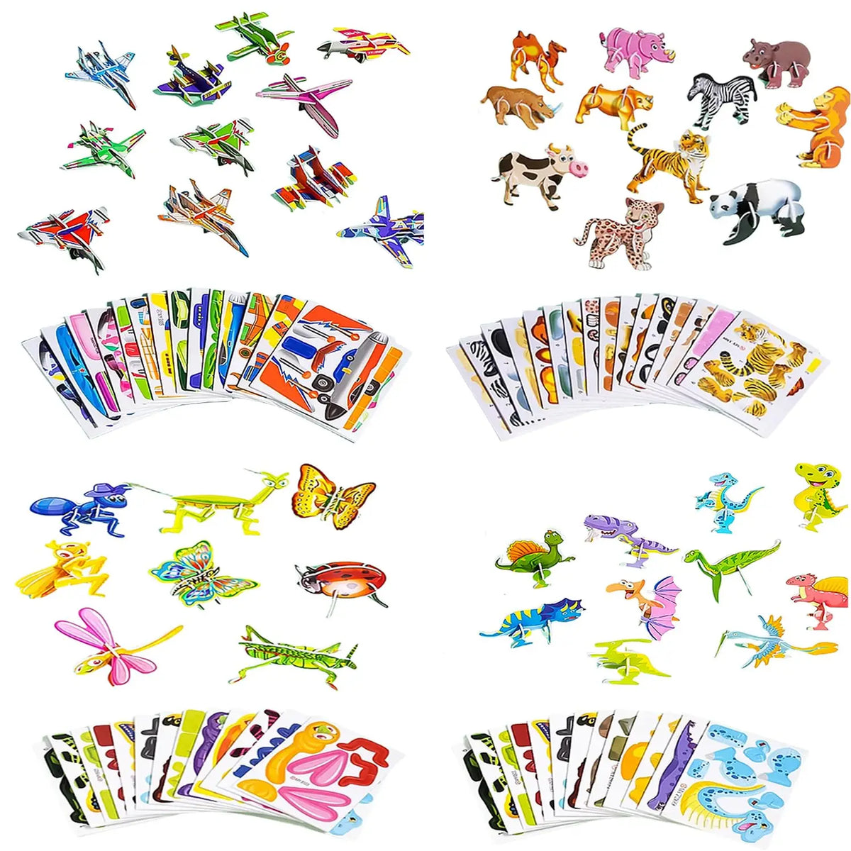 A colorful 3D DIY cardboard puzzle set featuring various animals, dinosaurs, insects, and vehicles.