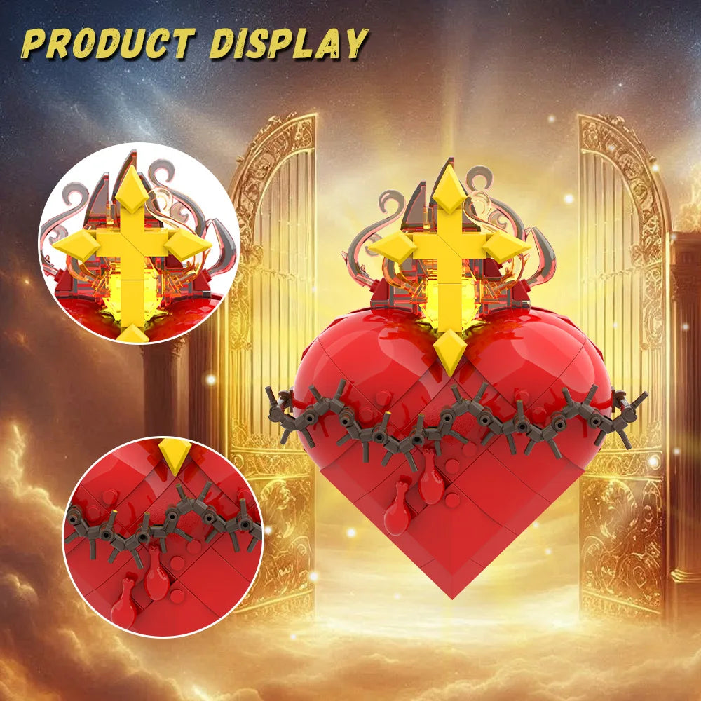 A red heart shaped building block set featuring a golden cross, displayed against an ornate background.