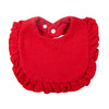 A red ruffled muslin cotton baby bib with an adjustable snap closure.