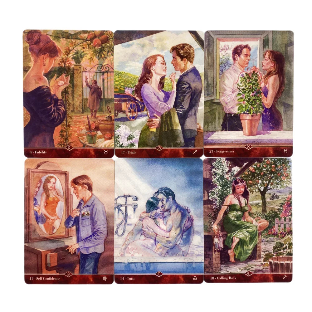 A collection of tarot oracle cards featuring various illustrations and imagery.