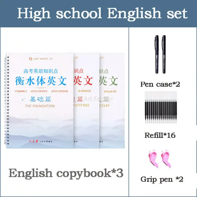 A set of three reusable English italic handwriting practice copybooks, a pen case, and two grip pens.