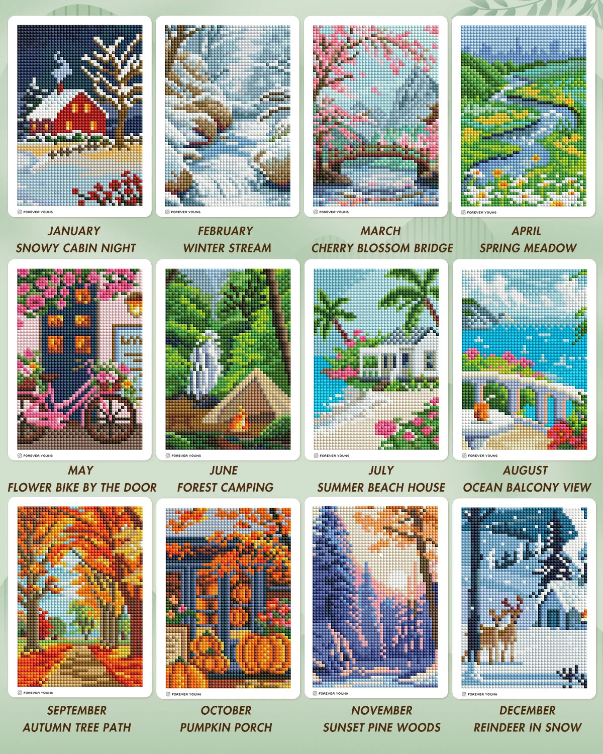 Beginner Diamond Art Kit with 12 Postcard-Style Scenic Designs