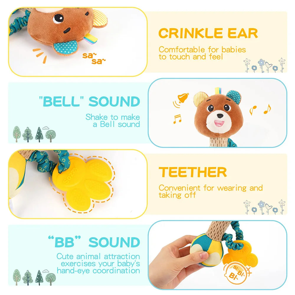 A set of soft plush baby rattle toys featuring crinkle ears, a bell sound mechanism, a teether, and an animal attraction for 