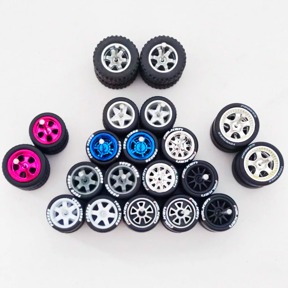 1/64 Scale Alloy Car Wheels with Rubber Tires - 10 Sets