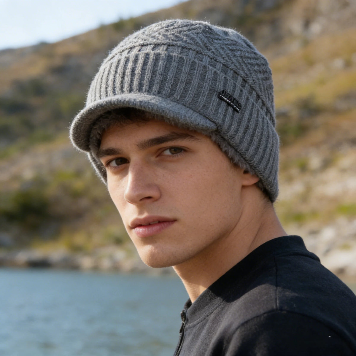 A young man wearing a gray knit beanie with a brim and a black shirt outdoors near water.