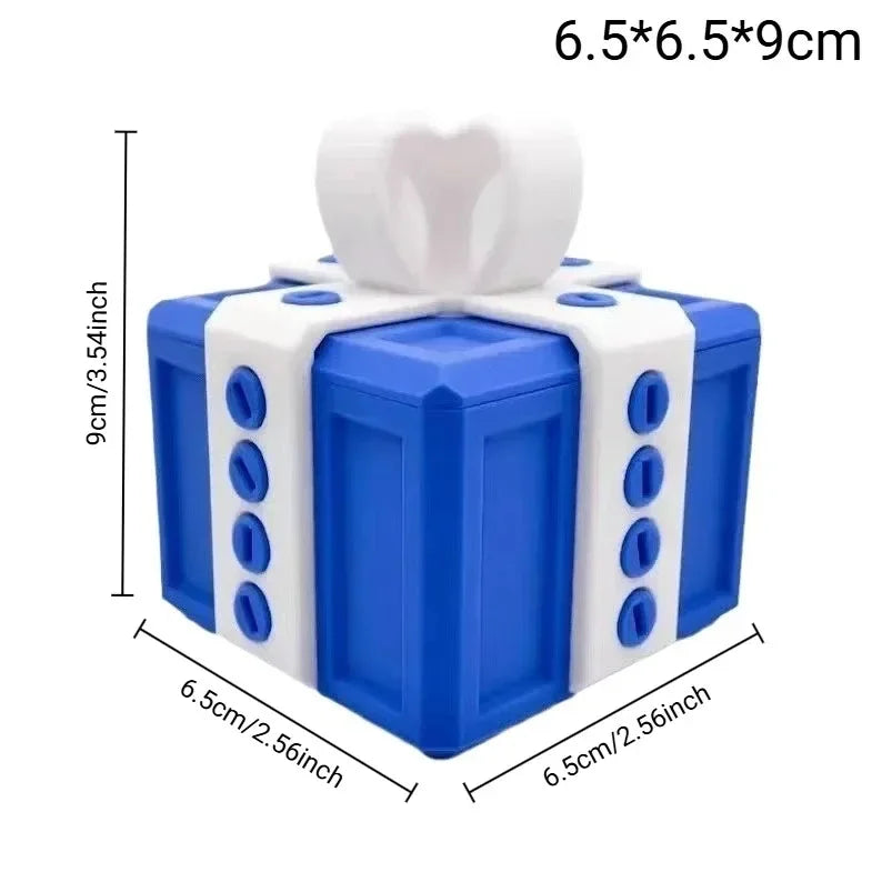 A blue pop-up surprise gift box with white accents and a white lid.
