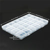 A clear plastic storage box with dividers for jewelry and craft supplies, showing dimensions.
