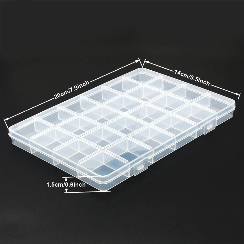 A clear plastic storage box with dividers for jewelry and craft supplies, showing dimensions.