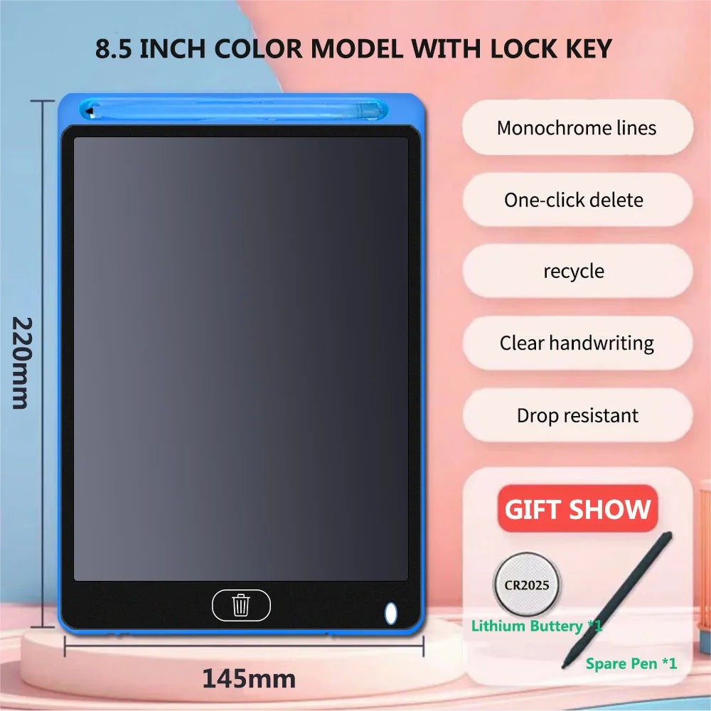 An 8.5 inch color model LCD writing tablet with a lock key shown next to a spare pen and various features.