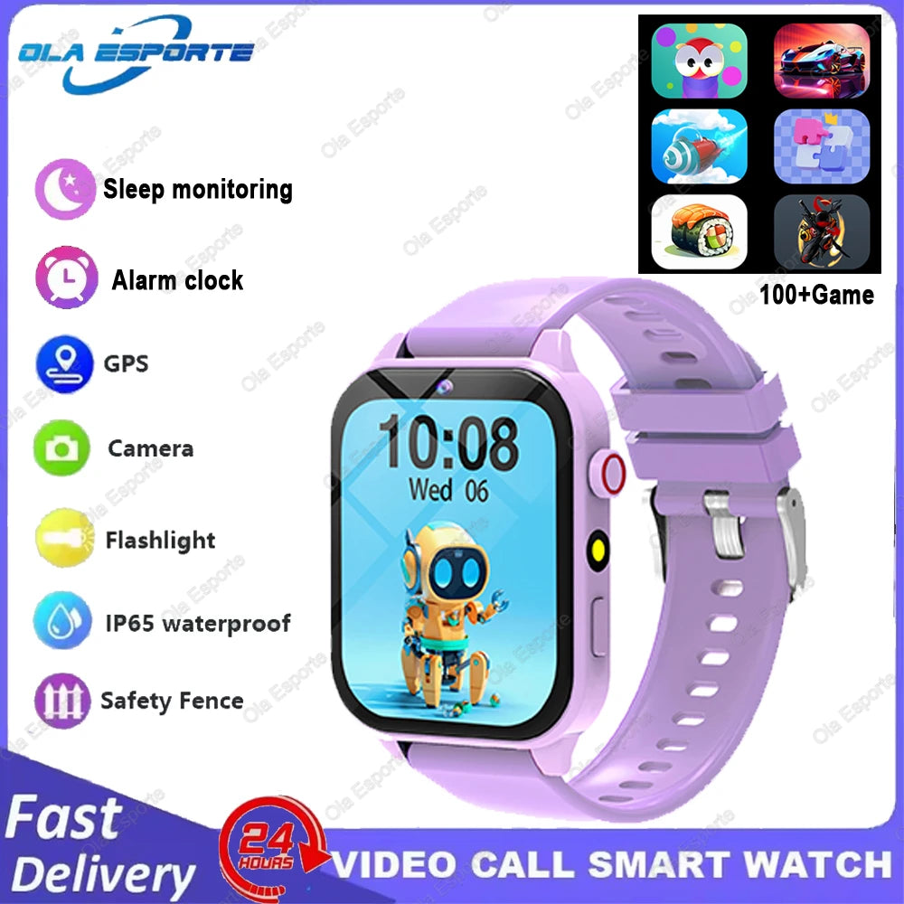 A purple kids smart watch featuring a screen display, GPS, camera, flashlight, and safety fence functions.