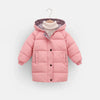 A pink padded parka jacket for kids with a hood and a cream-colored sherpa lining.