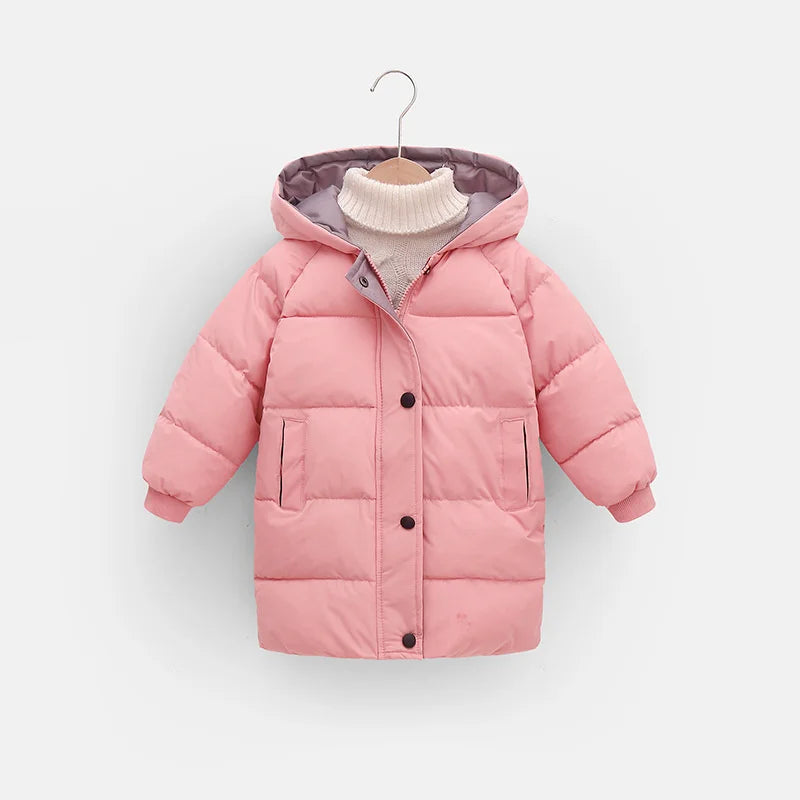 A pink padded parka jacket for kids with a hood and a cream-colored sherpa lining.