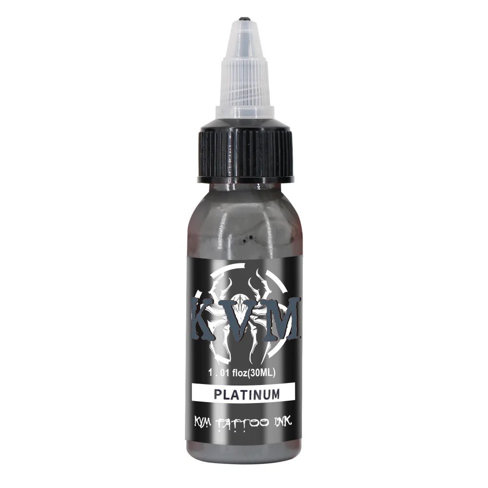 A glass dropper bottle of Platinum tattoo ink for permanent makeup and body art.