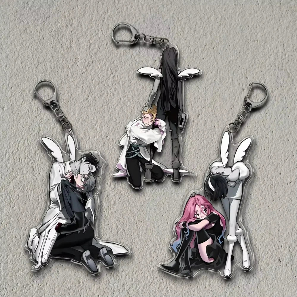 A set of acrylic figures featuring anime characters in various poses and outfits.