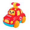 A red and yellow push and go friction car toy set with a flame design for babies.