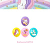 A set of six purple and yellow balloons featuring unicorns for a girls' birthday celebration.