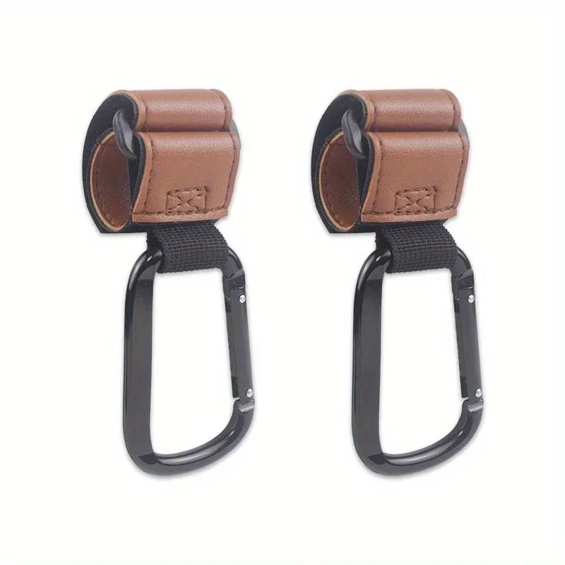 A pair of brown heavy-duty stroller hooks designed for hands-free organization.