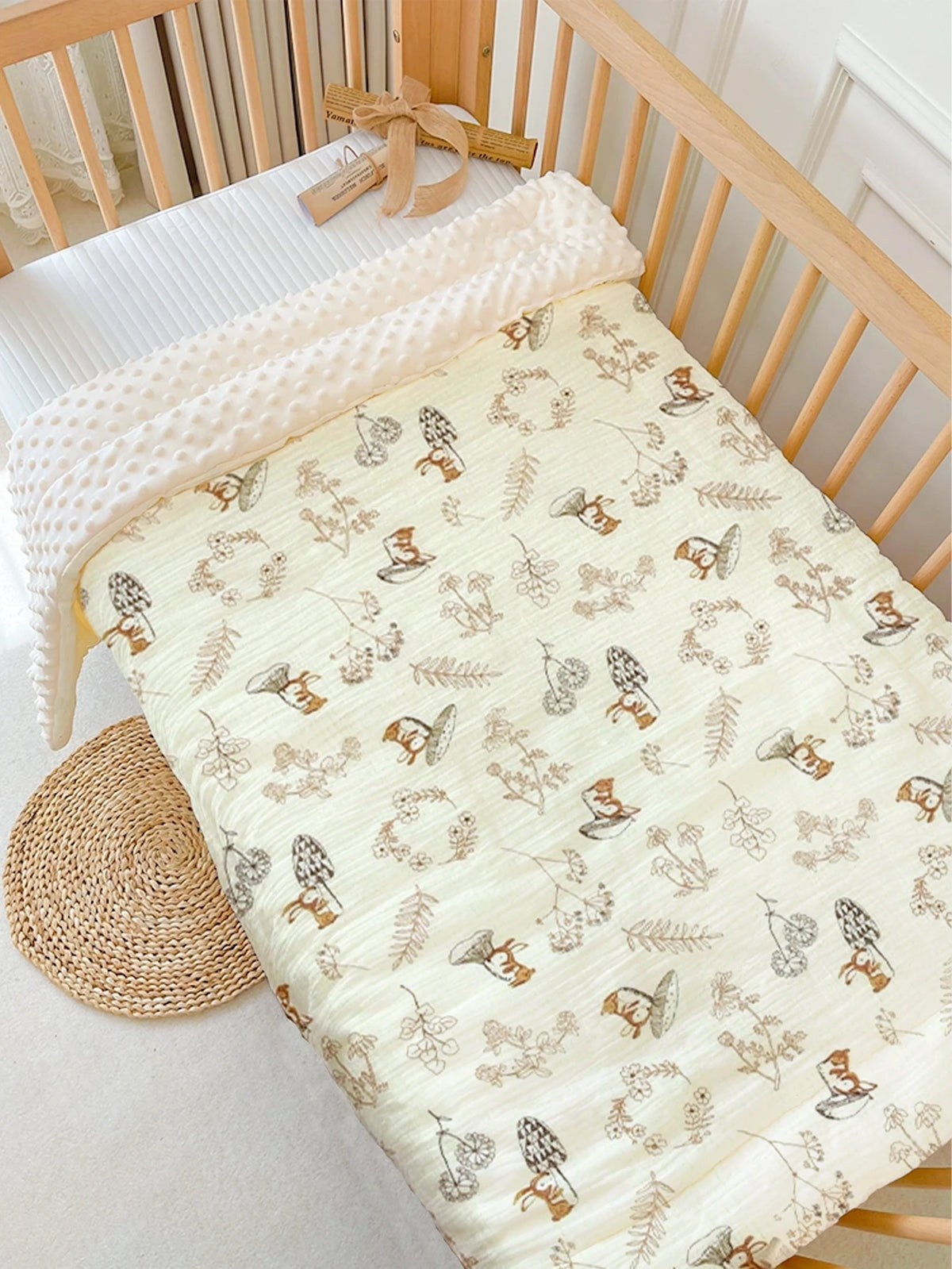 A soft fleece beanie blanket with a light beige pattern is displayed on a wooden crib railing.