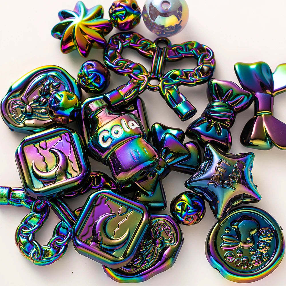 A collection of iridescent acrylic bow and flower beads for DIY jewelry making