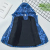 A blue and black kids waterproof winter jacket with a hood displayed on a white surface.