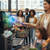 A woman uses a blue magic wand to accept a credit card payment at a self-checkout machine in a grocery store.