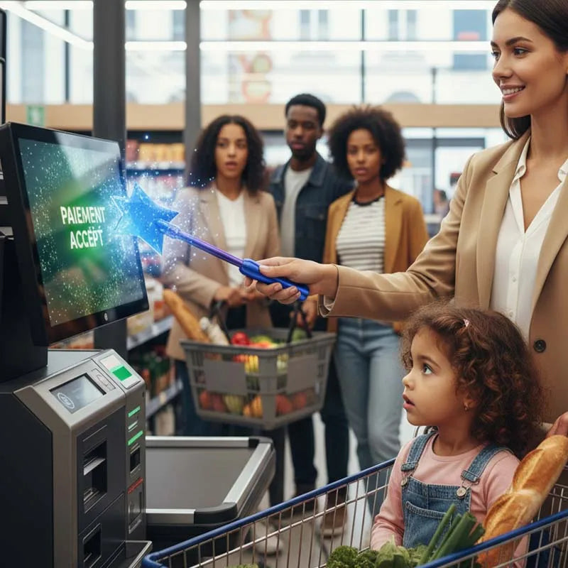 A woman uses a blue magic wand to accept a credit card payment at a self-checkout machine in a grocery store.