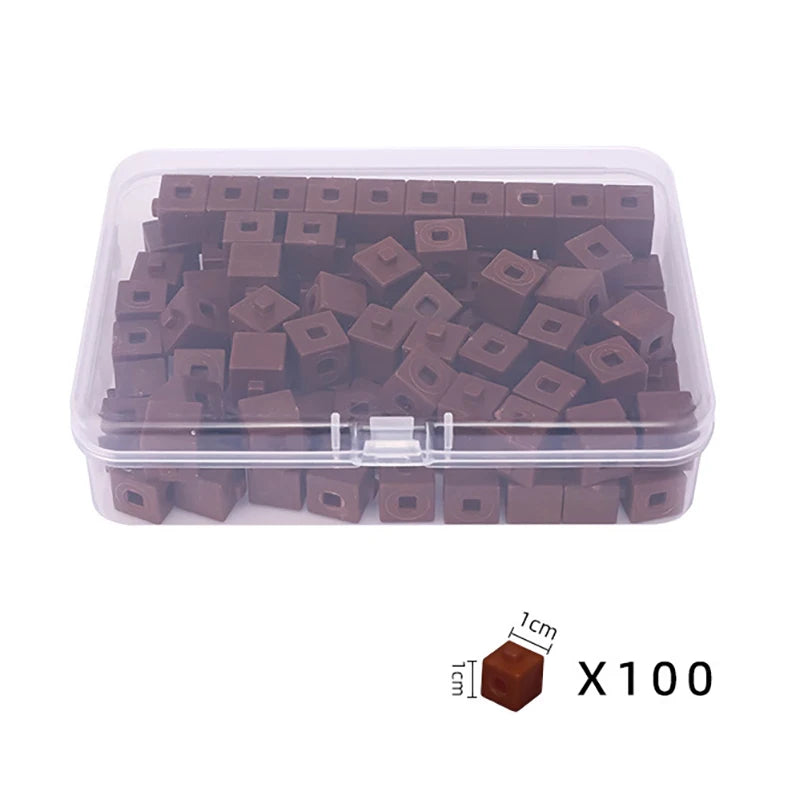 A clear plastic container filled with 100 brown linking cubes for early math learning.