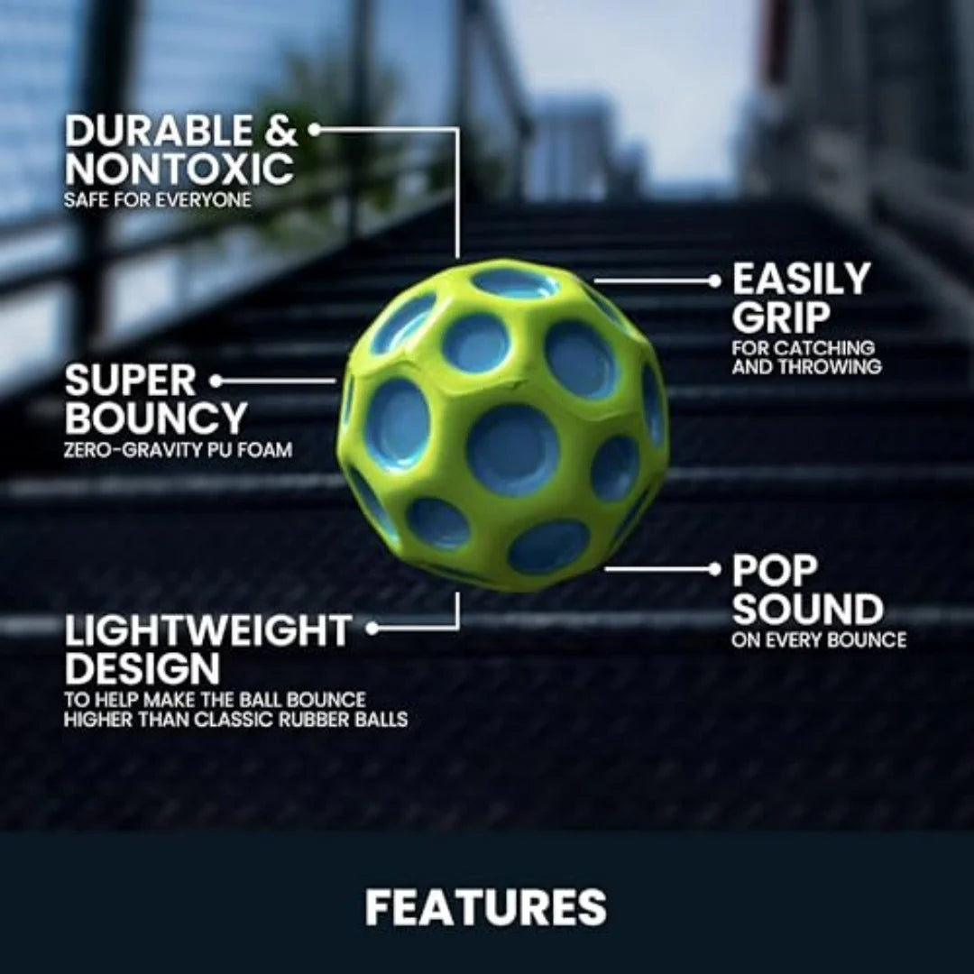 A bright lime green foam ball is shown against a dark background with text highlighting its durable, nontoxic, super bouncy, 
