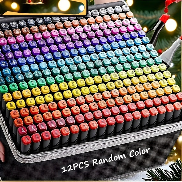 A set of 12 permanent sketch markers in various random colors displayed in a black case.