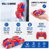 Red remote control stunt car with LED lights shown in various contexts including wall climbing and portable use.