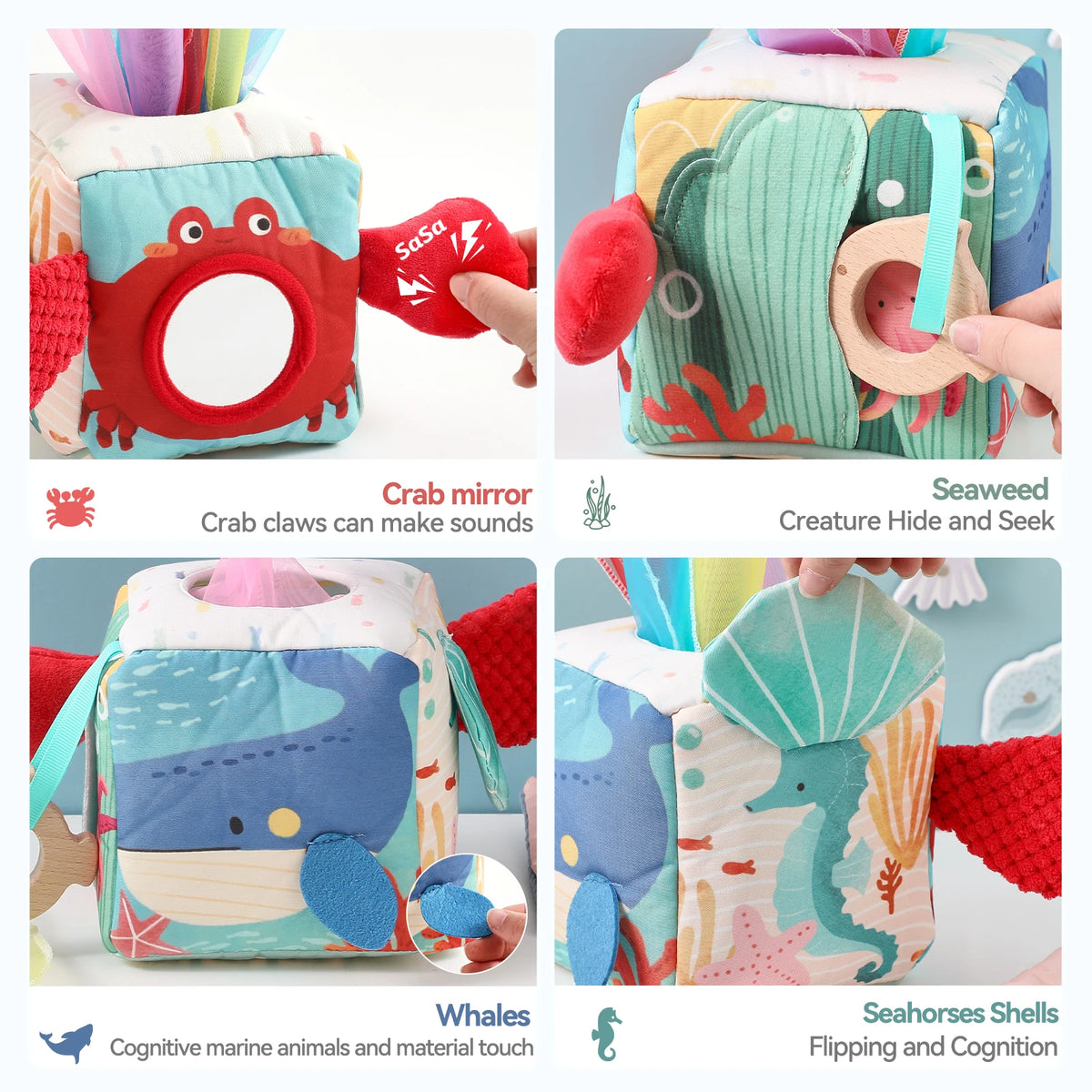 Montessori Magic Tissue Box baby toy featuring sea creatures like crabs, whales, and seahorses for sensory play