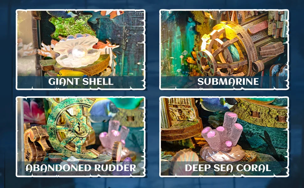 Four images showing miniature models of a giant shell, submarine, abandoned rudder, and deep sea coral for a DIY wooden book 