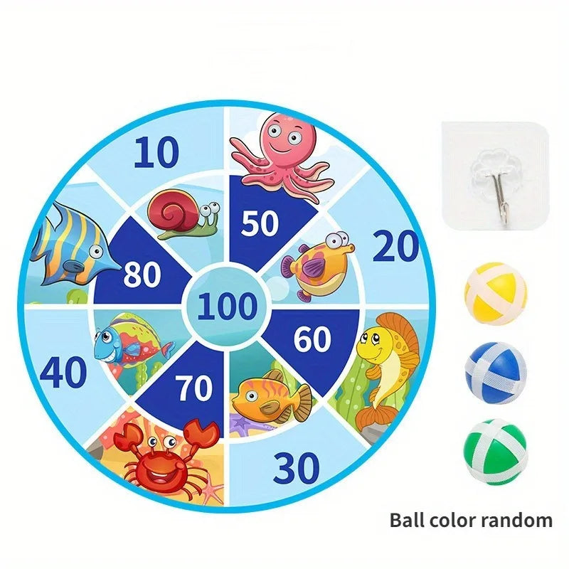 A circular dart board divided into numbered sectors with sticky balls for a game.