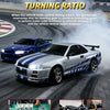 A silver Nissan GT-R RC drift car is shown in motion, demonstrating ESP Gyroscope Assist turning ratio technology.