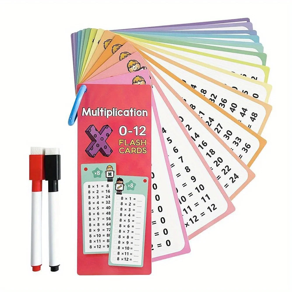 A set of colorful multiplication flash cards numbered 0 to 12 for children.