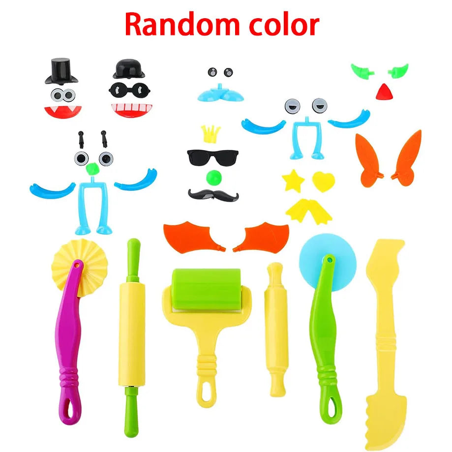 A set of various colorful creative play dough tools including spatulas, rollers, and cutters for kids