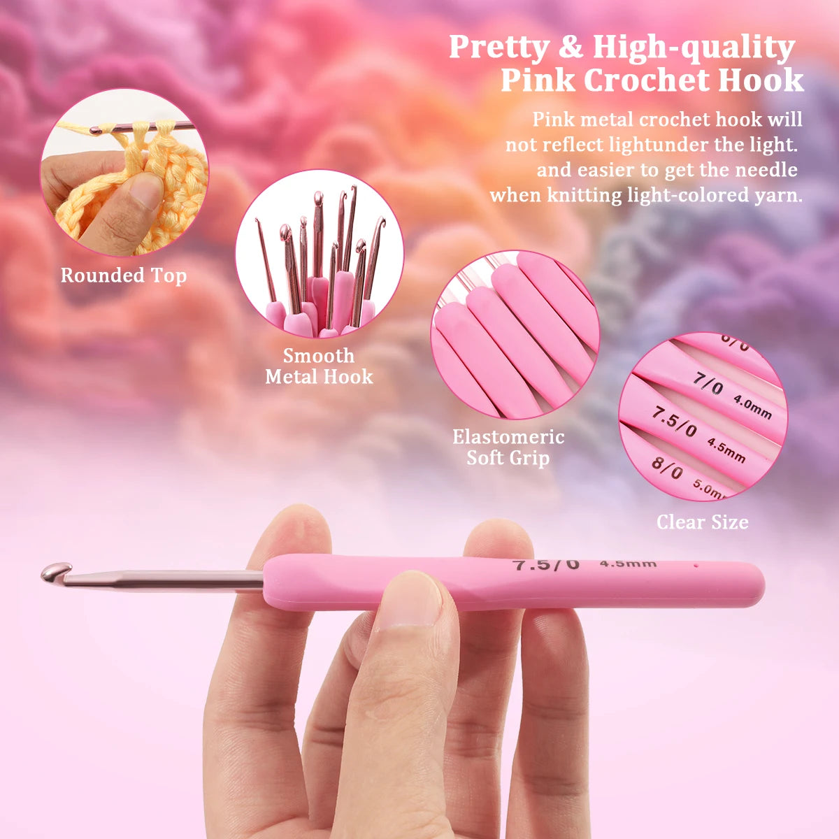 Pink Aluminum Crochet Hook Set – 9 Sizes (2.5–6.0mm)